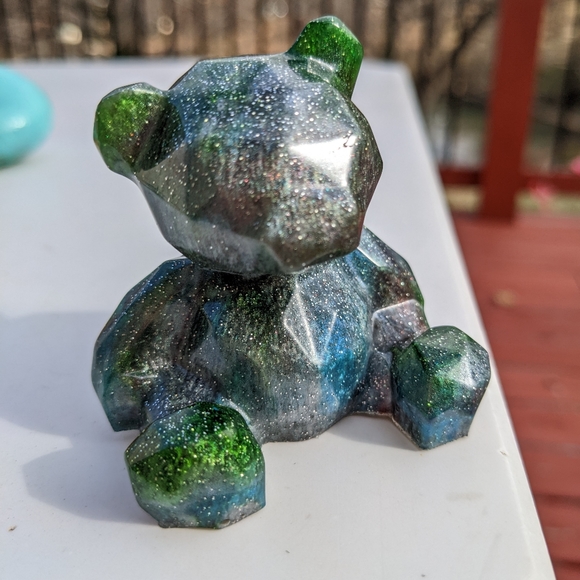 Hand Crafted Other - Teddy Bear Green Galaxy Sparkle Blue Handmade Resin Unique Gift Holiday Art